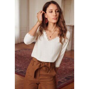 Sézane Textured Lace Trim Blouse Top Sze 42 Medium Large V-Neck Button Back